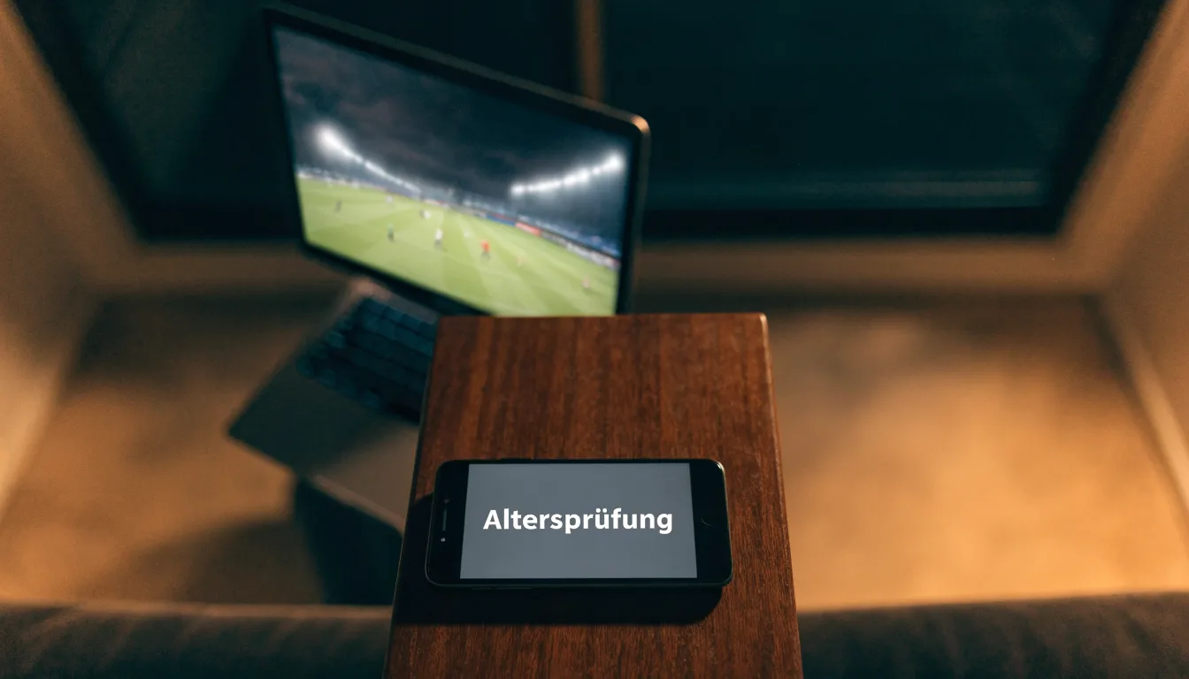 Ein Stadion unter Flutlicht, aus großer Entfernung über eine dunkle Wiese fotografiert, am Himmel zieht Nebel auf.