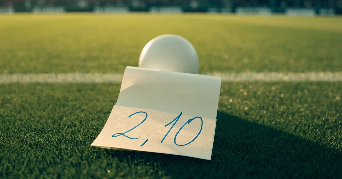Ein verschlossener leerer Briefumschlag liegt neben einem Fußball auf grünem Rasen im warmen Licht des Nachmittags.