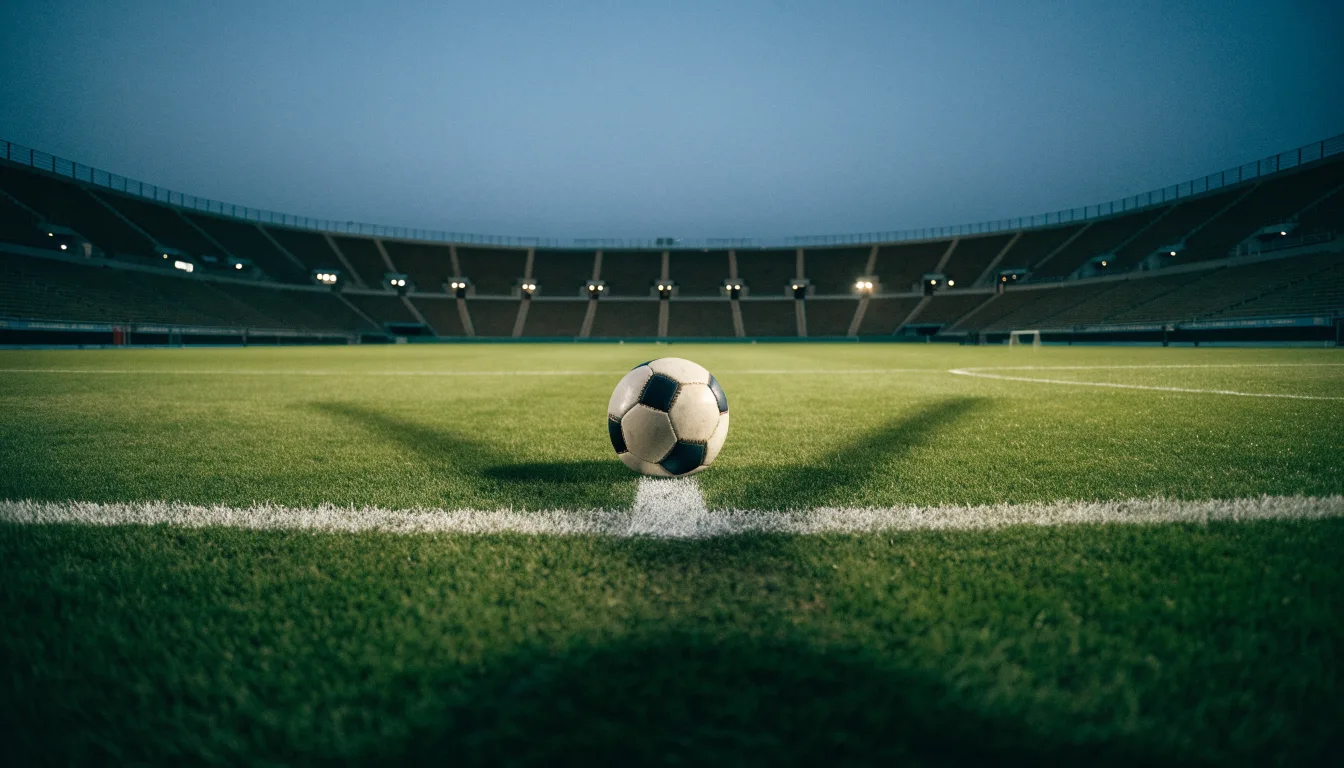 Ein Fußball liegt auf dem Anstoßpunkt eines leeren Rasenplatzes, im Hintergrund steht ein Stadion unter Flutlicht in der Dämmerung.