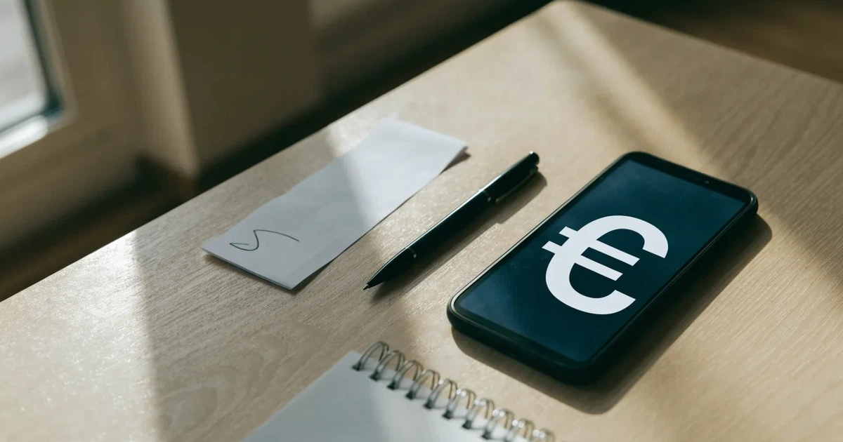 Ein Smartphone liegt neben einem Notizbuch und einem Kugelschreiber auf einem hellen Schreibtisch, das Display ist ausgeschaltet.