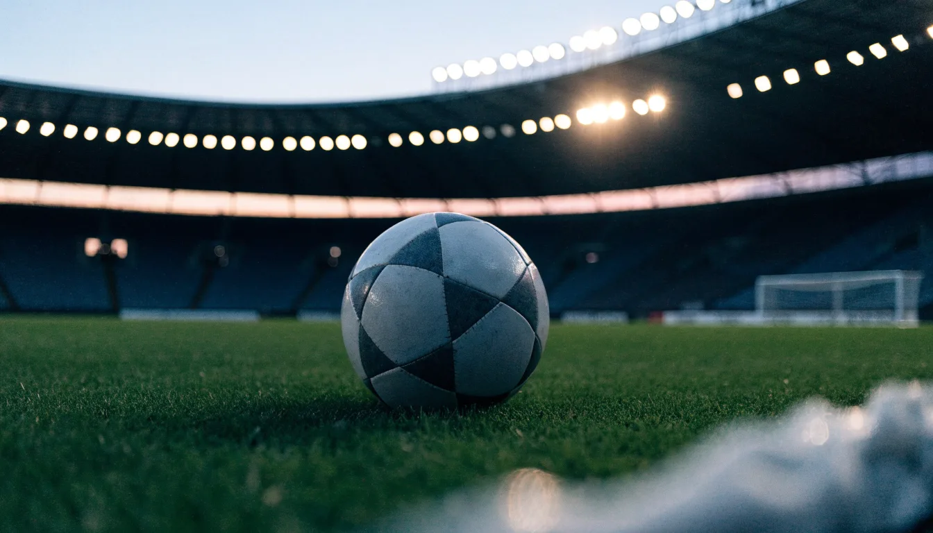 Ein Fußball liegt auf dem Rasen eines leeren Platzes, im Hintergrund ein Stadion unter Flutlicht in der Abenddämmerung.