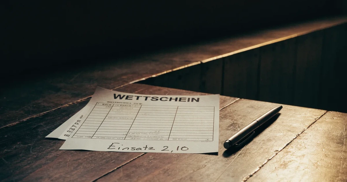 Ein leerer Wettschein aus Papier liegt neben einem Stift auf einer hölzernen Theke, weiches Licht fällt von der Seite ein.