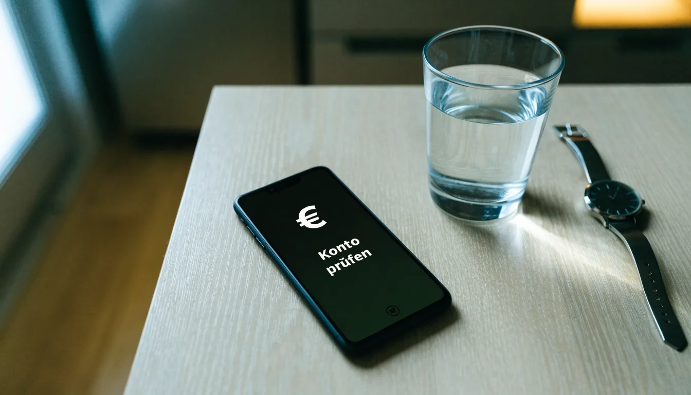 Ein Smartphone liegt mit dem Display nach unten auf einem Küchentisch, daneben stehen ein Glas Wasser und eine Armbanduhr.