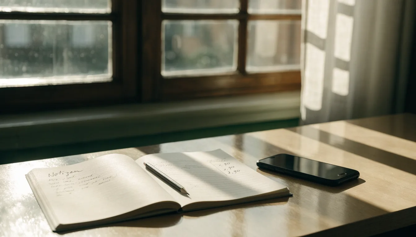 Ein Notizbuch mit handschriftlichen Notizen und ein Bleistift liegen auf einem Schreibtisch am Fenster, draußen fällt Morgenlicht herein.