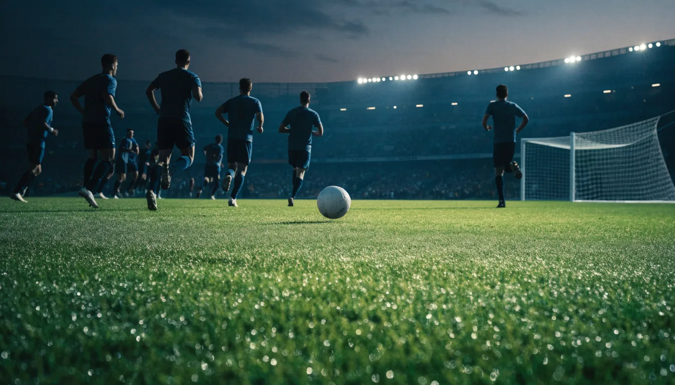 Ein Fußball liegt auf dem Rasen eines leeren Platzes, im Hintergrund ein Stadion unter Flutlicht in der Abenddämmerung.