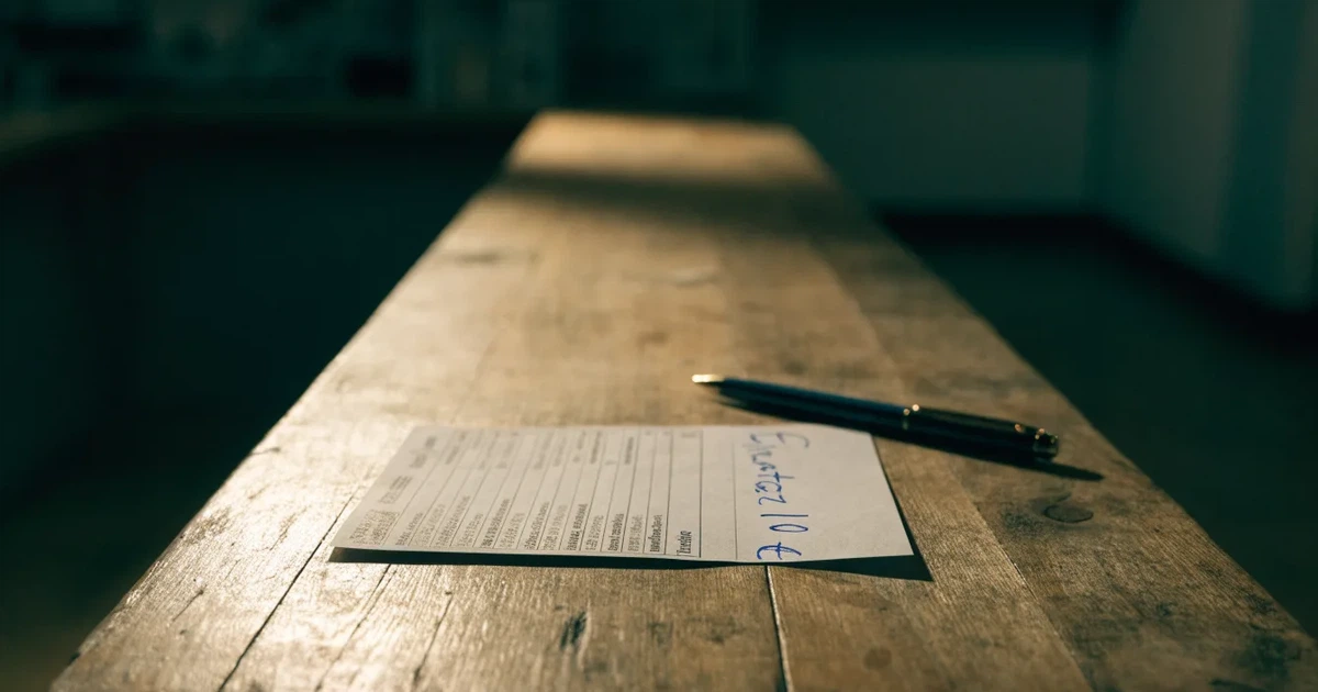Ein leerer Wettschein aus Papier liegt neben einem Stift auf einer hölzernen Theke, weiches Licht fällt von der Seite ein.