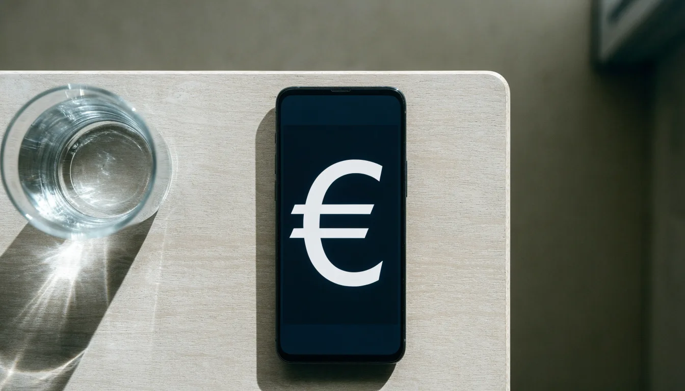 Ein Smartphone liegt mit dem Display nach unten auf einem Küchentisch, daneben stehen ein Glas Wasser und eine Armbanduhr.