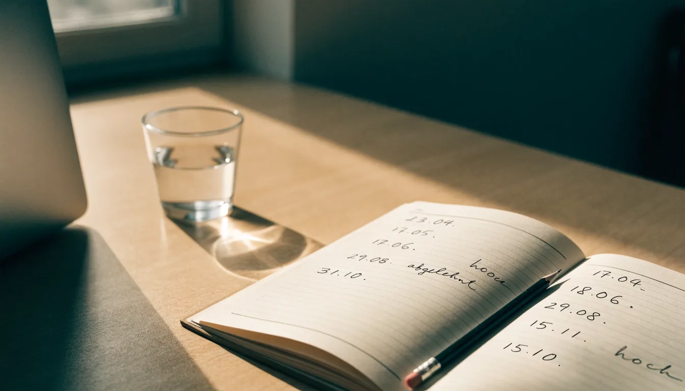 Ein Notizbuch mit handschriftlichen Notizen und ein Bleistift liegen auf einem Schreibtisch am Fenster, draußen fällt Morgenlicht herein.