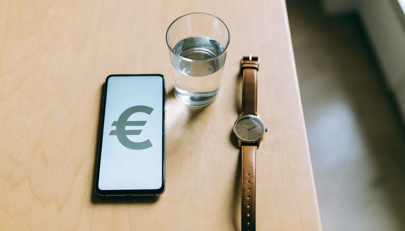 Ein Smartphone liegt mit dem Display nach unten auf einem Küchentisch, daneben stehen ein Glas Wasser und eine Armbanduhr.