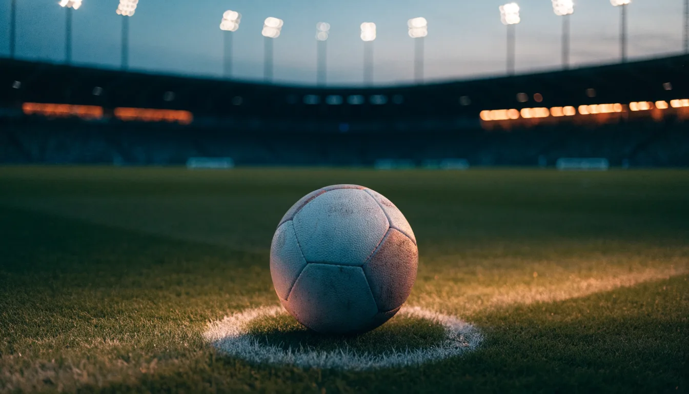 Ein Fußball liegt auf dem Anstoßpunkt eines leeren Rasenplatzes, im Hintergrund steht ein Stadion unter Flutlicht in der Dämmerung.