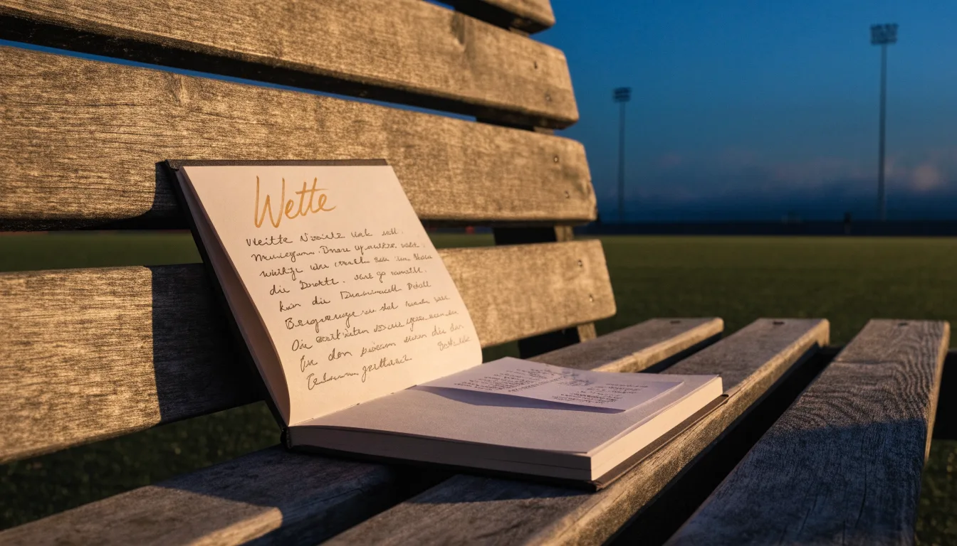 Eine leere Parkbank am Rand eines Fußballfelds in der Abenddämmerung, im Hintergrund ragen dunkle Flutlichtmasten in den Himmel.