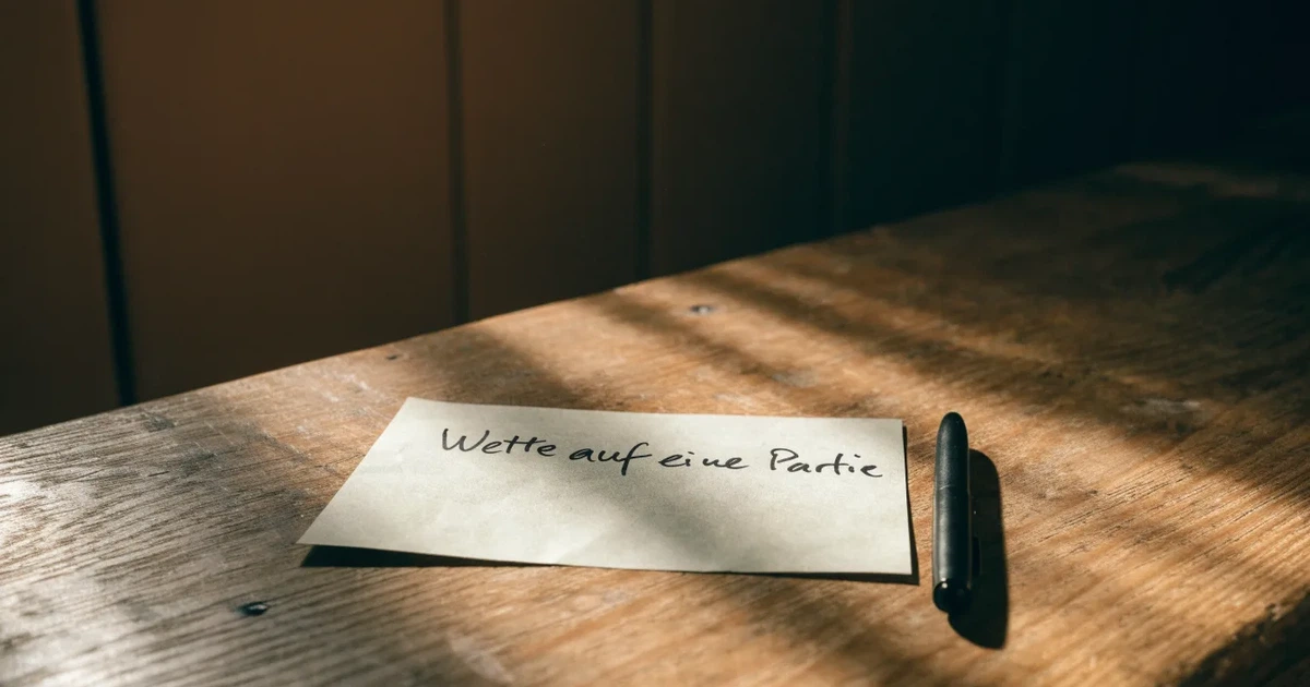 Ein leerer Wettschein aus Papier liegt neben einem Stift auf einer hölzernen Theke, weiches Licht fällt von der Seite ein.