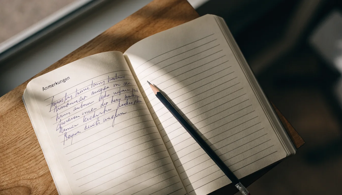Ein Notizbuch mit handschriftlichen Notizen und ein Bleistift liegen auf einem Schreibtisch am Fenster, draußen fällt Morgenlicht herein.