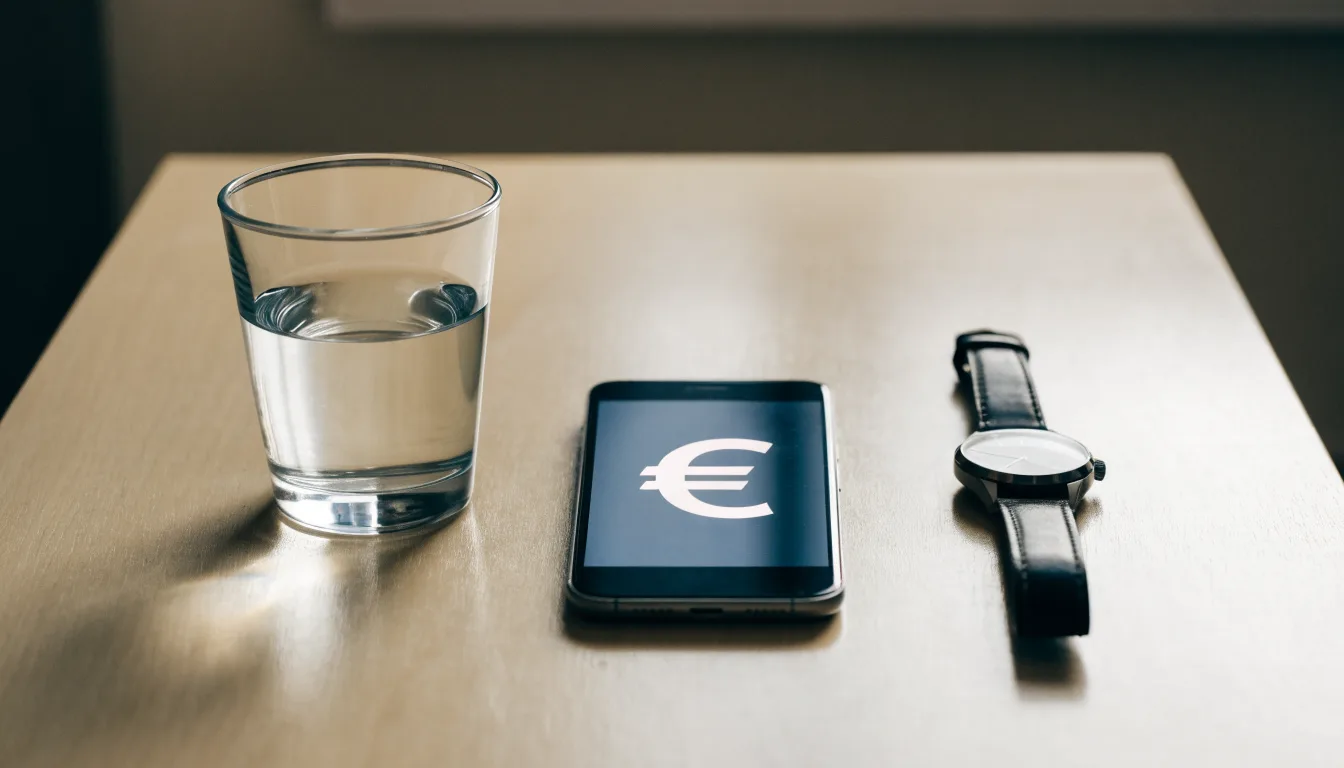 Ein Smartphone liegt mit dem Display nach unten auf einem Küchentisch, daneben stehen ein Glas Wasser und eine Armbanduhr.