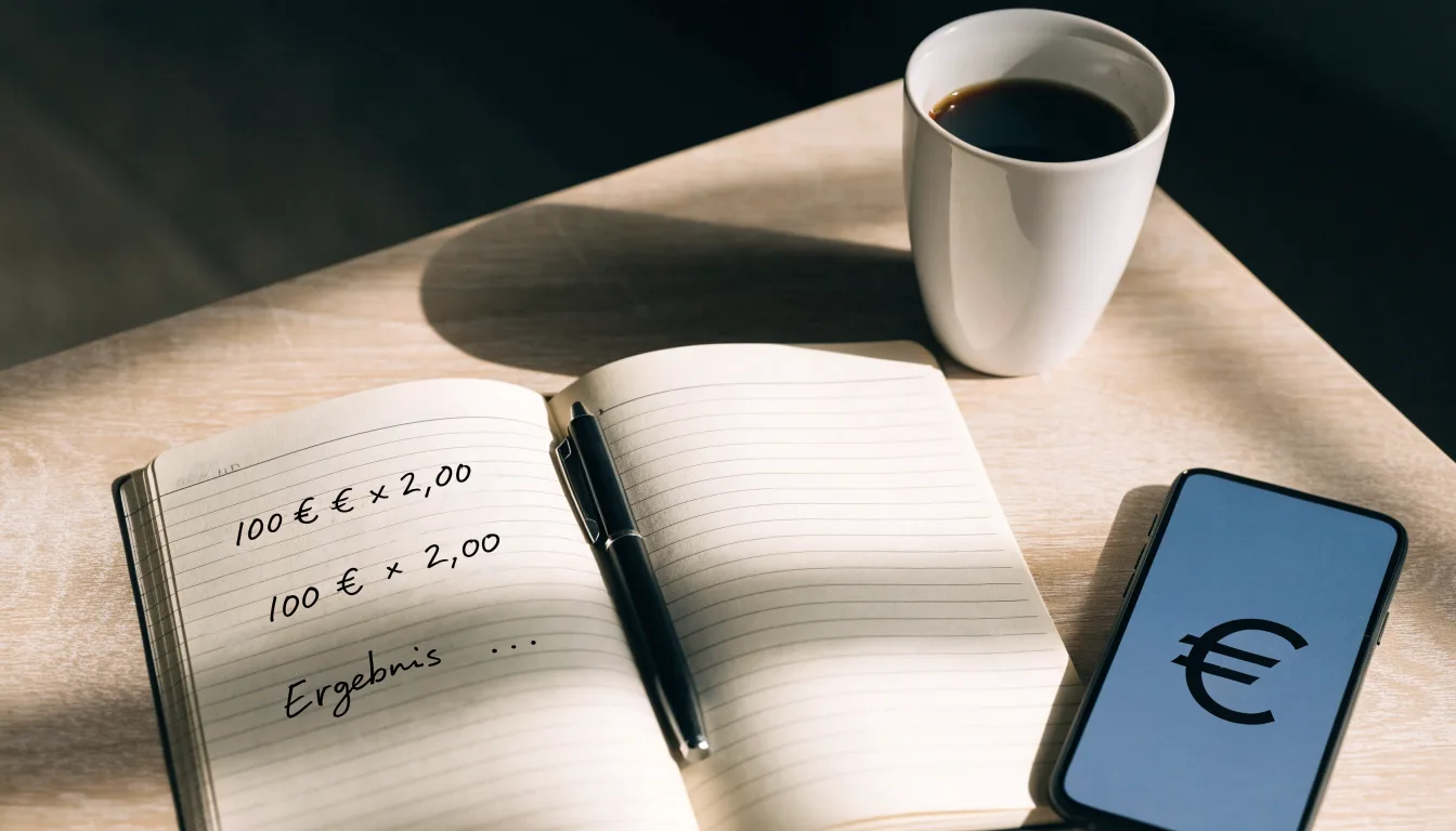 Ein Notizbuch mit handschriftlichen Rechnungen und ein Taschenrechner liegen auf einem Schreibtisch neben einer Tasse Kaffee im Licht des frühen Morgens.
