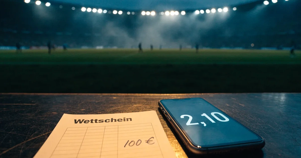 Ein Stadion unter Flutlicht, aus großer Entfernung über eine dunkle Wiese fotografiert, am Himmel zieht Nebel auf.