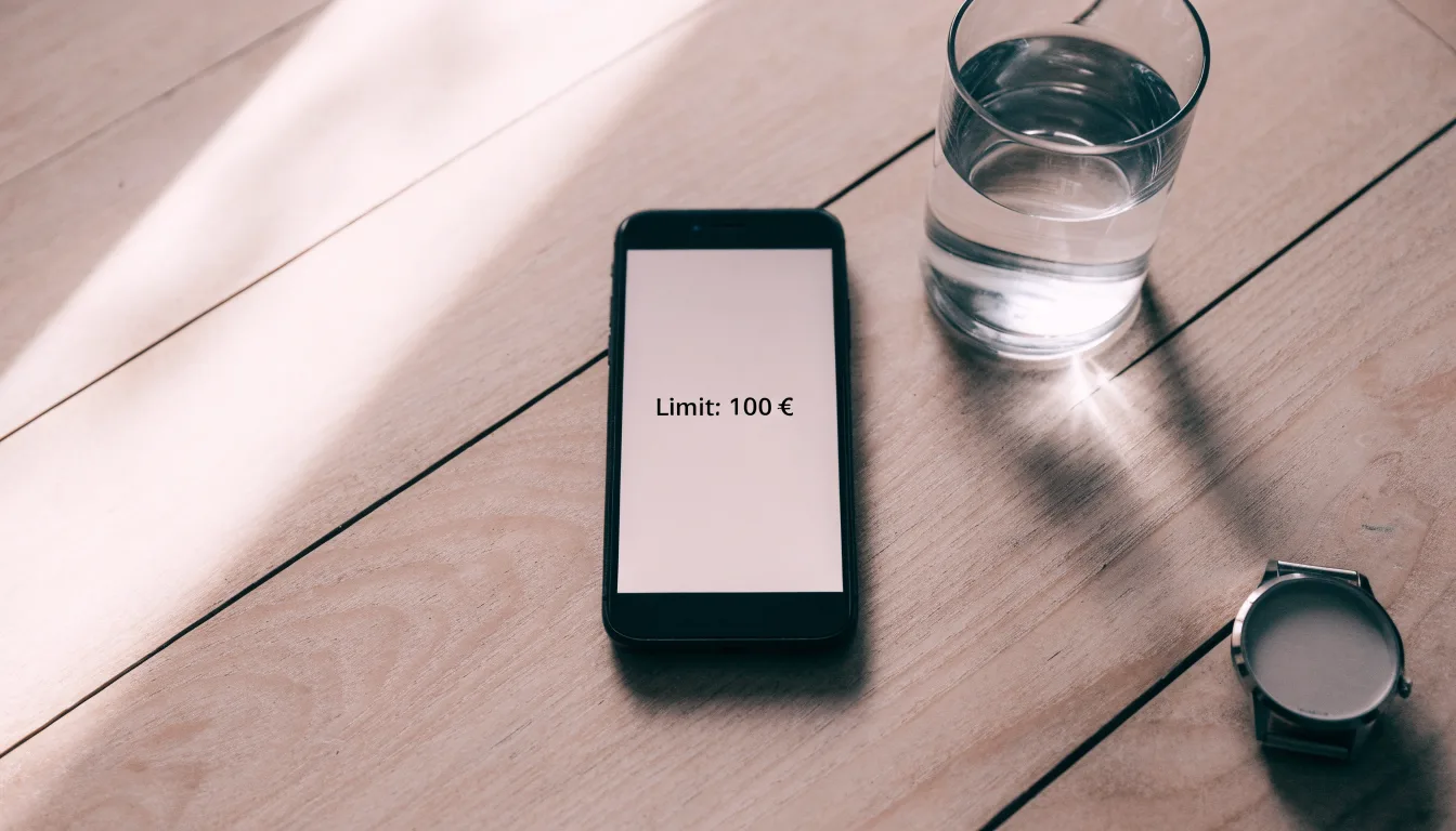 Ein Smartphone liegt mit dem Display nach unten auf einem Küchentisch, daneben stehen ein Glas Wasser und eine Armbanduhr.