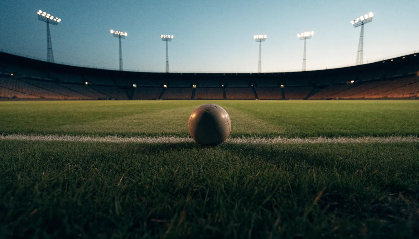 Ein Fußball liegt auf dem Rasen eines leeren Platzes, im Hintergrund ein Stadion unter Flutlicht in der Abenddämmerung.