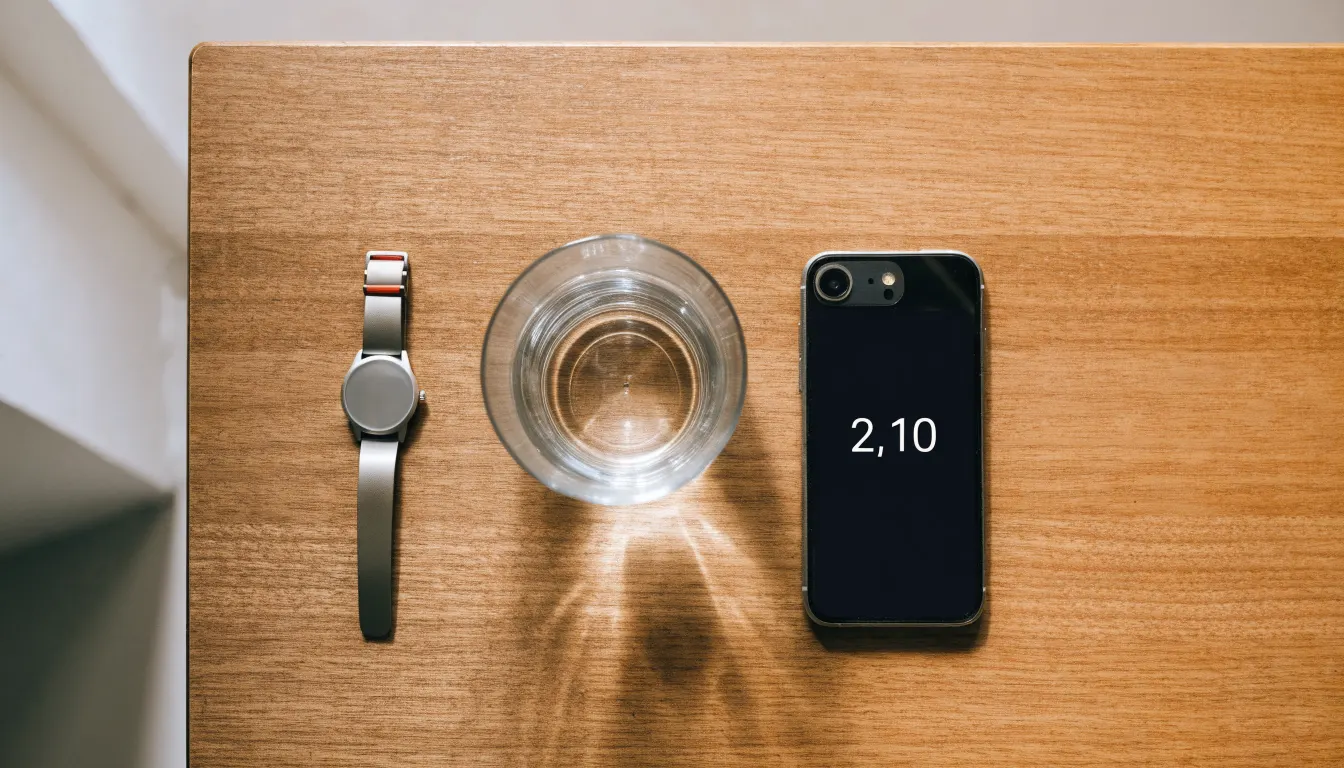 Ein Smartphone liegt mit dem Display nach unten auf einem Küchentisch, daneben stehen ein Glas Wasser und eine Armbanduhr.