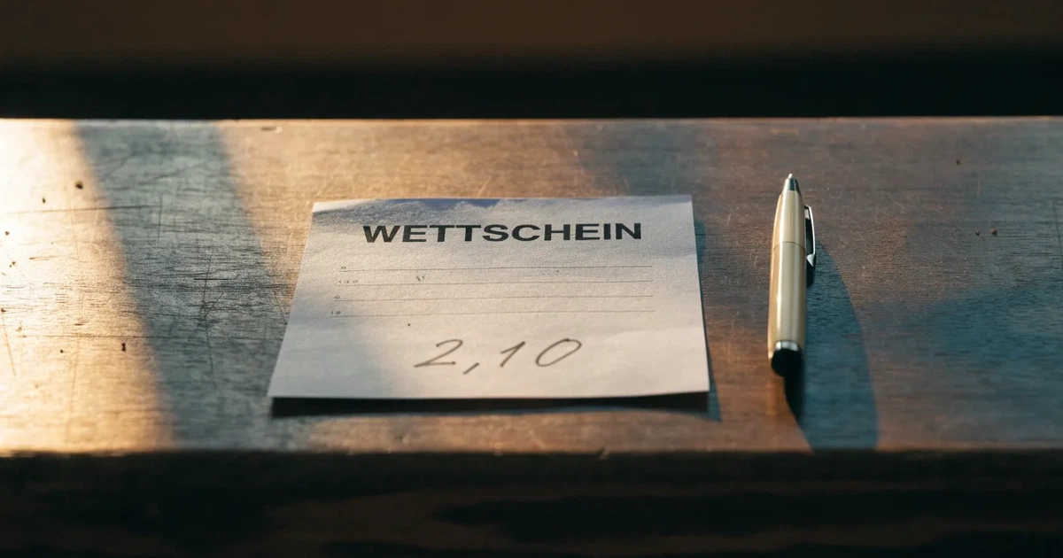 Ein leerer Wettschein aus Papier liegt neben einem Stift auf einer hölzernen Theke, weiches Licht fällt von der Seite ein.