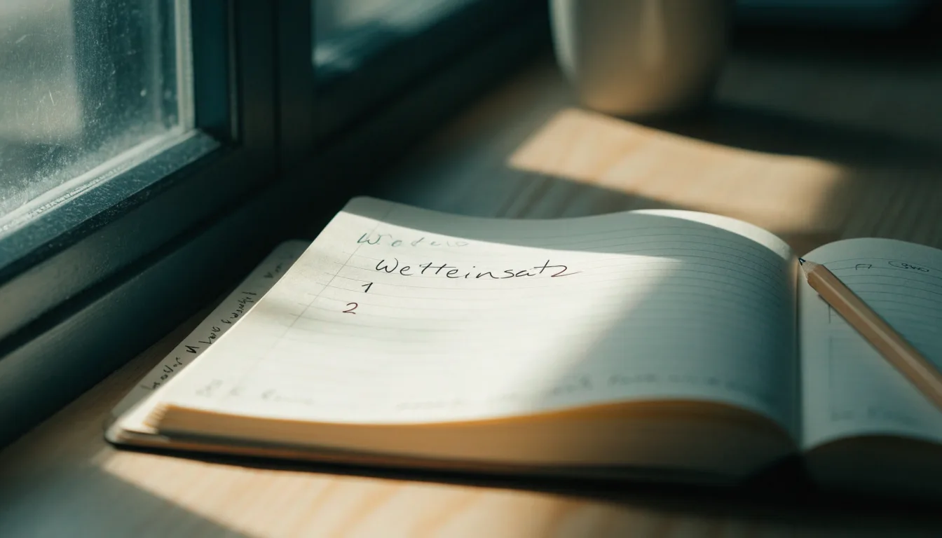 Ein Notizbuch mit handschriftlichen Notizen und ein Bleistift liegen auf einem Schreibtisch am Fenster, draußen fällt Morgenlicht herein.