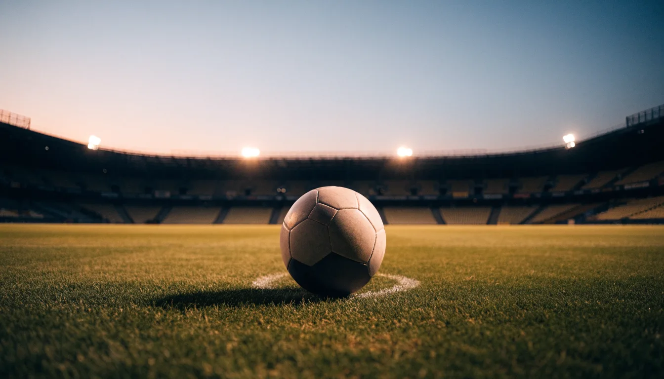 Ein Fußball liegt auf dem Anstoßpunkt eines leeren Rasenplatzes, im Hintergrund steht ein Stadion unter Flutlicht in der Dämmerung.