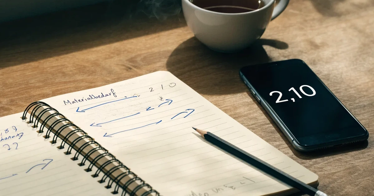 Ein Notizbuch mit handschriftlichen Notizen und Pfeilen liegt aufgeschlagen auf einem Schreibtisch, daneben ein Bleistift und eine Tasse Tee.