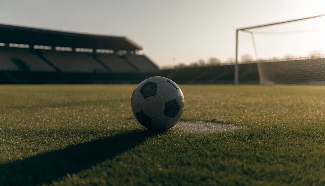Ein Fußball liegt auf dem Anstoßpunkt eines leeren Rasenplatzes in der Morgendämmerung, im Hintergrund eine leere Tribüne.