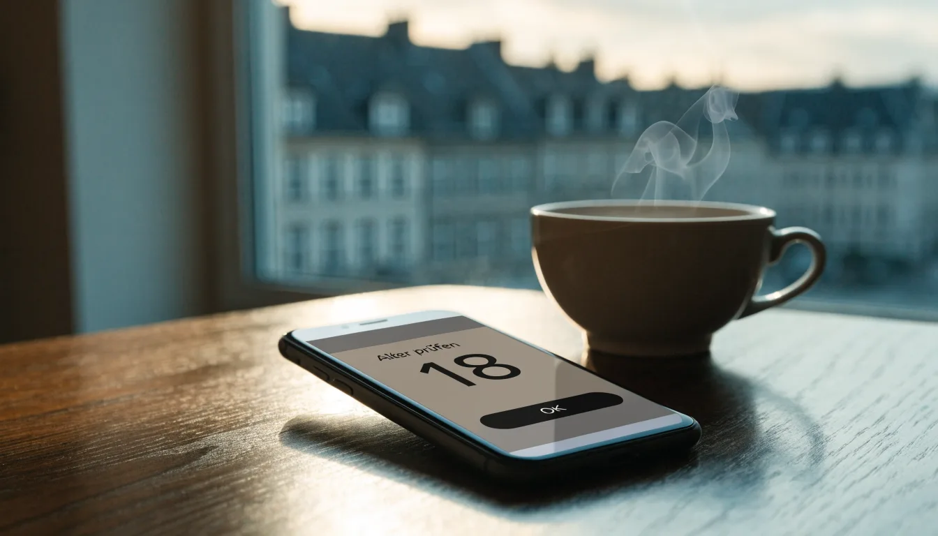 Eine Messingwaage steht auf einem dunklen Holzschreibtisch neben einer Kaffeetasse, im Hintergrund ein Fenster mit Blick auf Dächer.