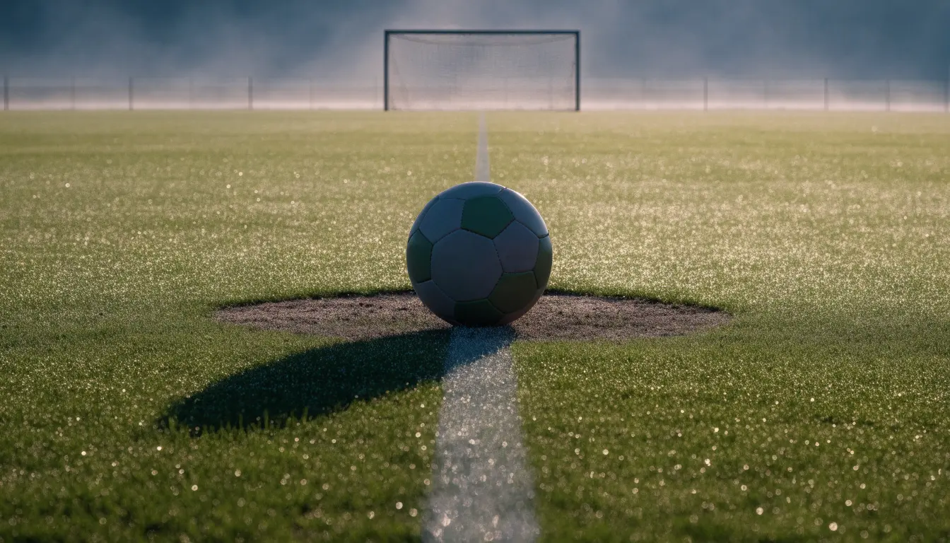 Ein Fußball ruht auf dem Mittelkreis eines leeren Rasenplatzes in der Morgendämmerung, Tau liegt auf dem Gras.