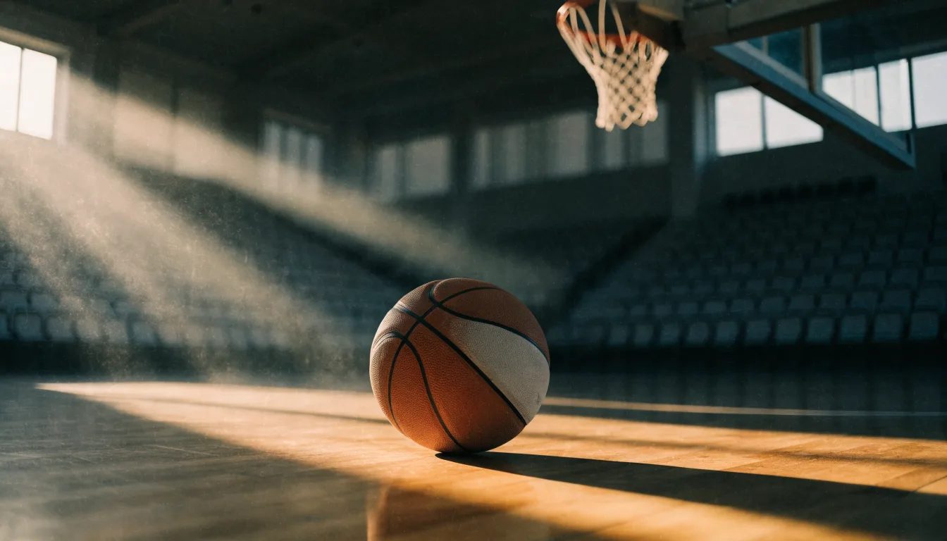 Ein Basketball liegt auf dem Hallenboden unter einem Korb, das Netz hängt ruhig, Morgenlicht fällt durch hohe Fenster.