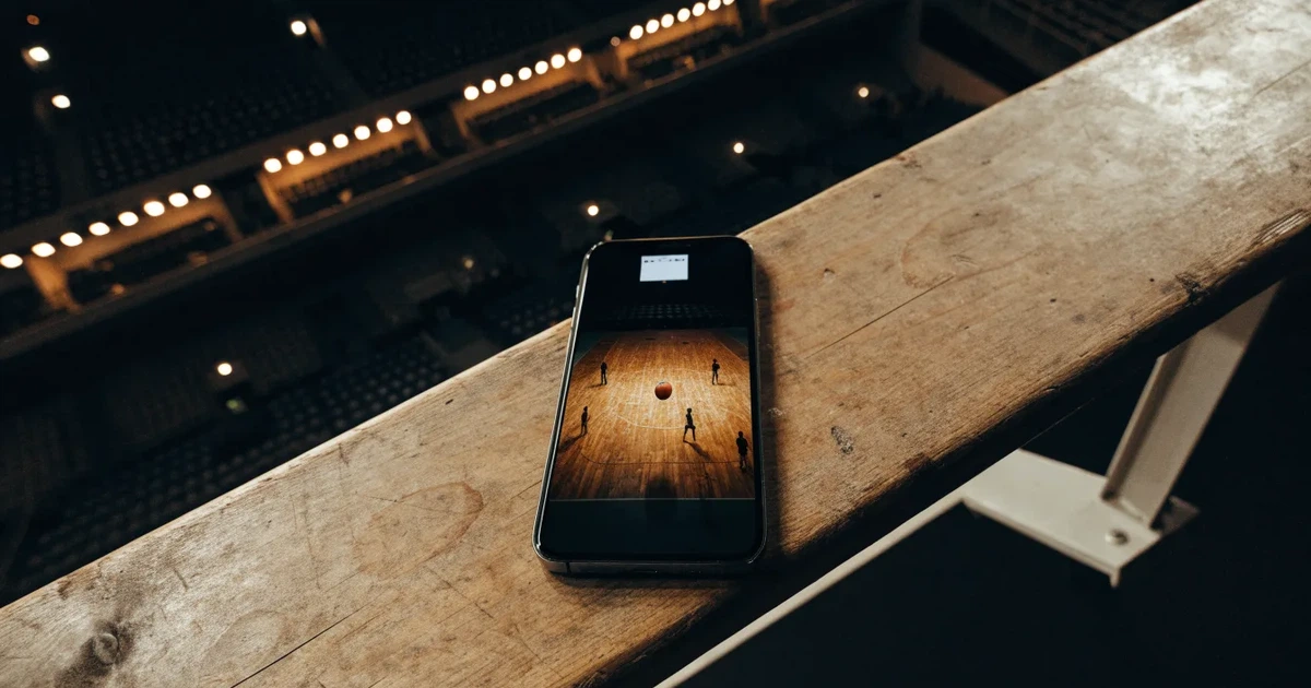 Eine leere Basketballhalle von einer oberen Tribünenreihe aus gesehen, Parkett und Körbe im Licht der Hallenstrahler.