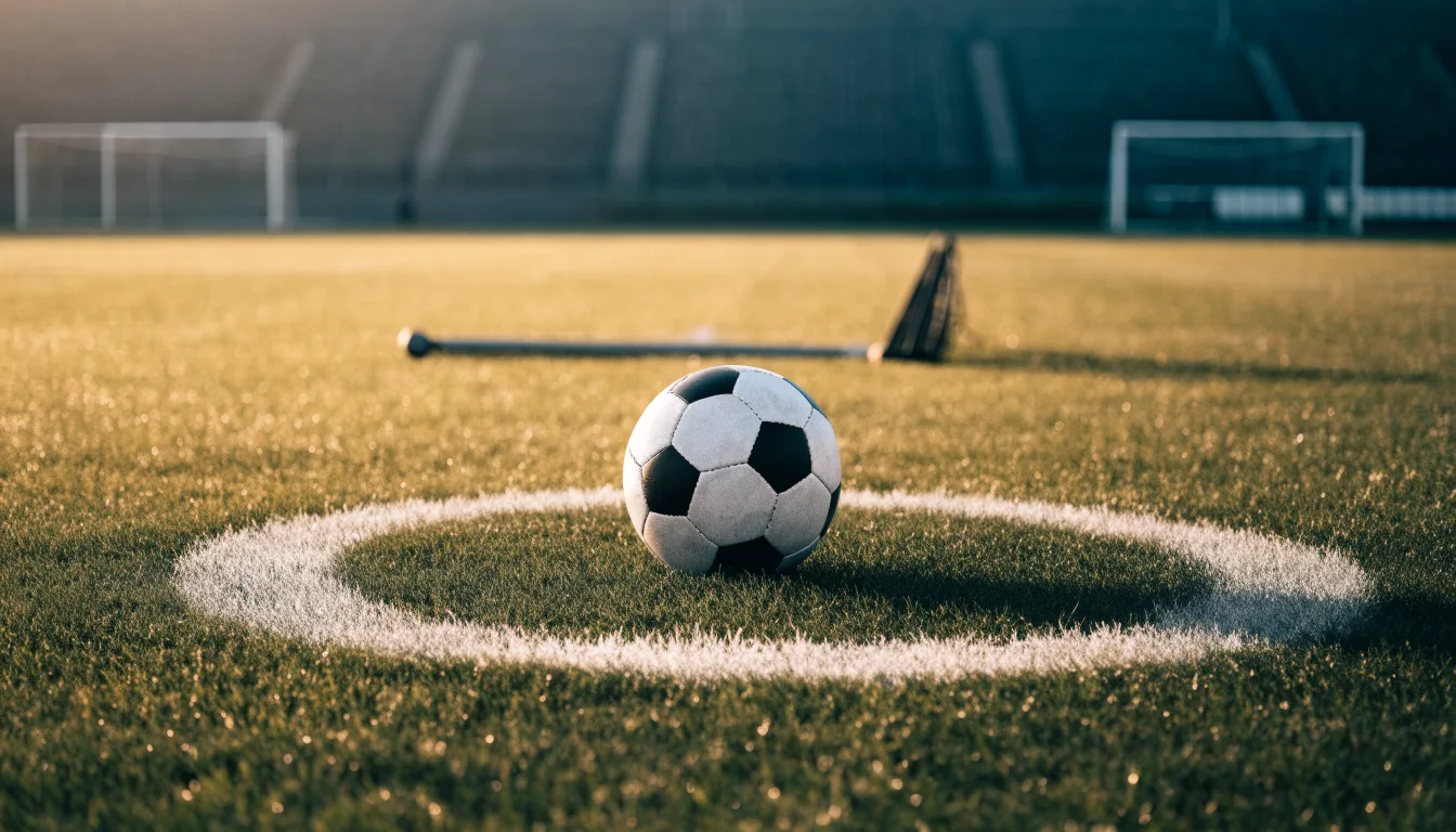 Ein Fußball liegt auf dem Anstoßkreis eines leeren Rasenplatzes im Licht der Morgensonne.