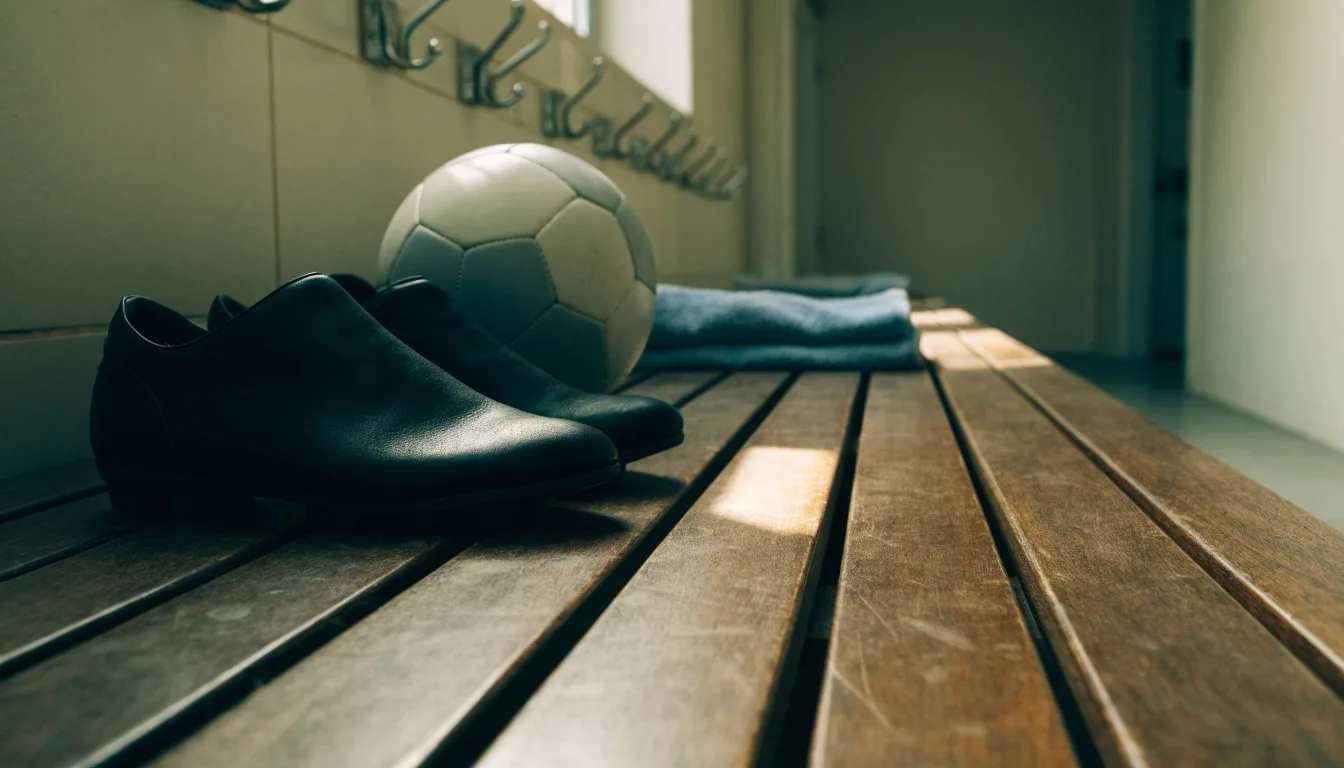 Ein Fußball liegt neben einem Paar Fußballschuhen ohne Markenzeichen auf einer Holzbank in einer leeren Umkleide.
