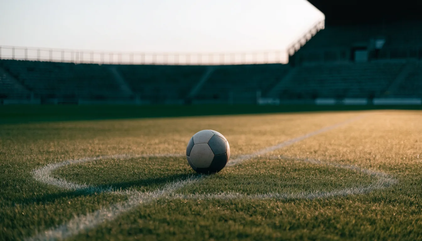 Ein Fußball liegt auf dem Anstoßpunkt eines leeren Rasenplatzes in der Morgendämmerung, im Hintergrund eine leere Tribüne.