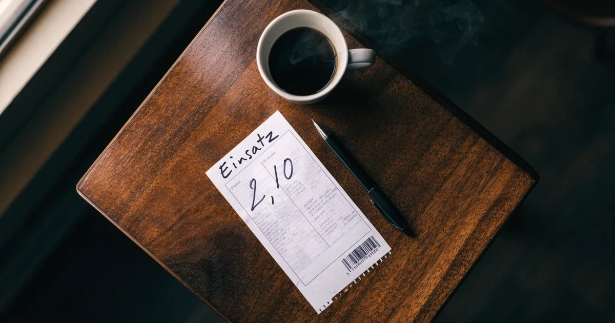 Ein leerer Wettschein aus Papier liegt neben einem Kugelschreiber und einer Tasse Kaffee auf einem Tisch, Aufnahme von oben.