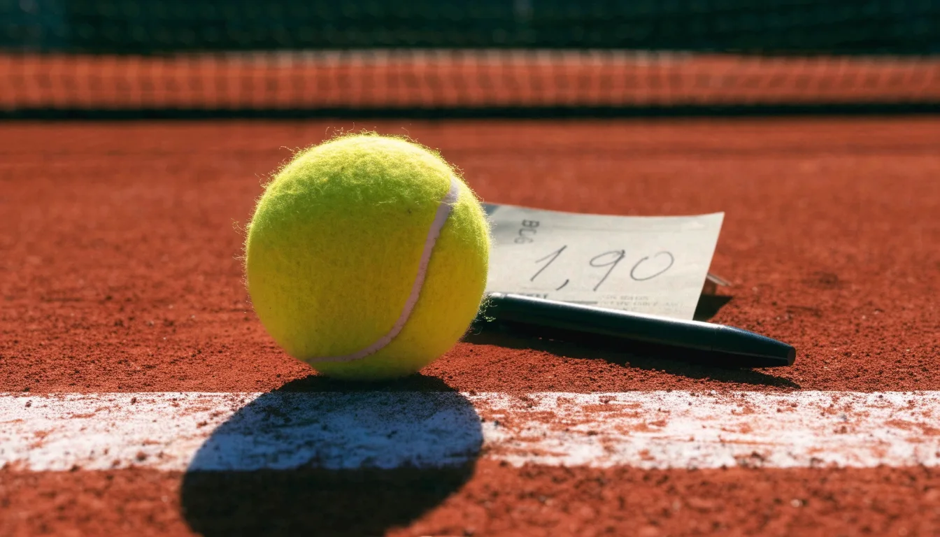 Ein einzelner Tennisball liegt auf rotem Sand neben einer weißen Linie, geringe Schärfentiefe.