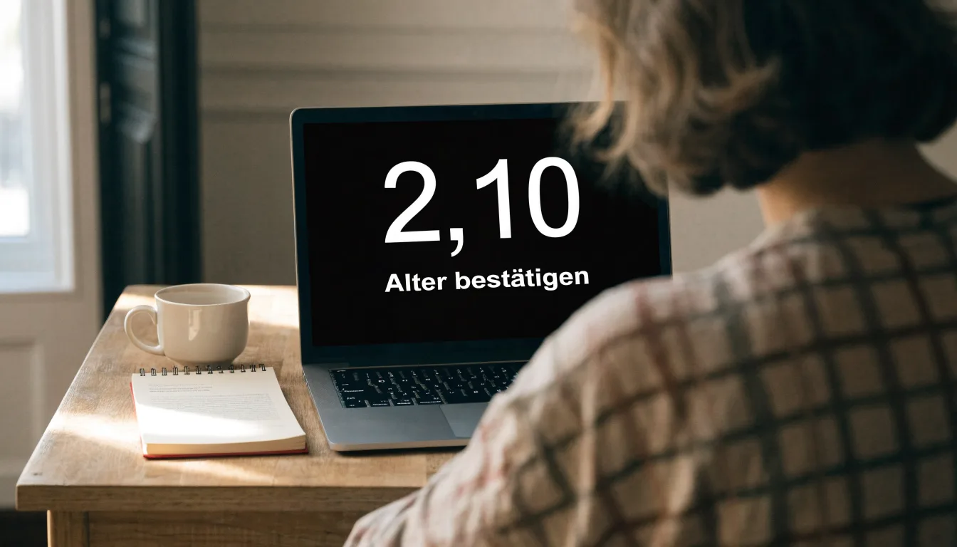 Eine Messingwaage steht auf einem Holzschreibtisch neben einer Kaffeetasse, im Hintergrund ein helles Fenster.