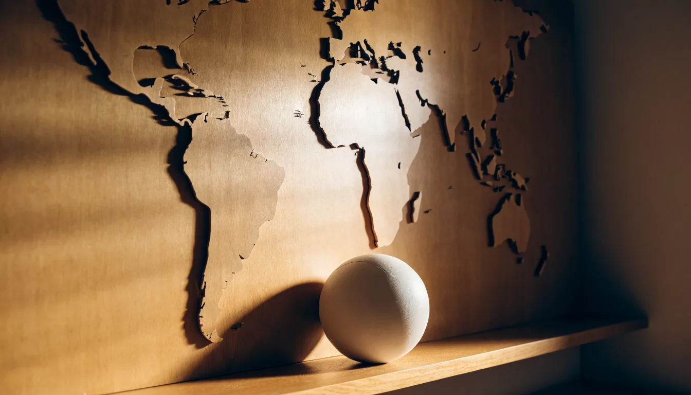 Eine Weltkarte aus Holz hängt an einer Wand, davor liegt ein Fußball auf einem Regal, ohne erkennbare Beschriftung.
