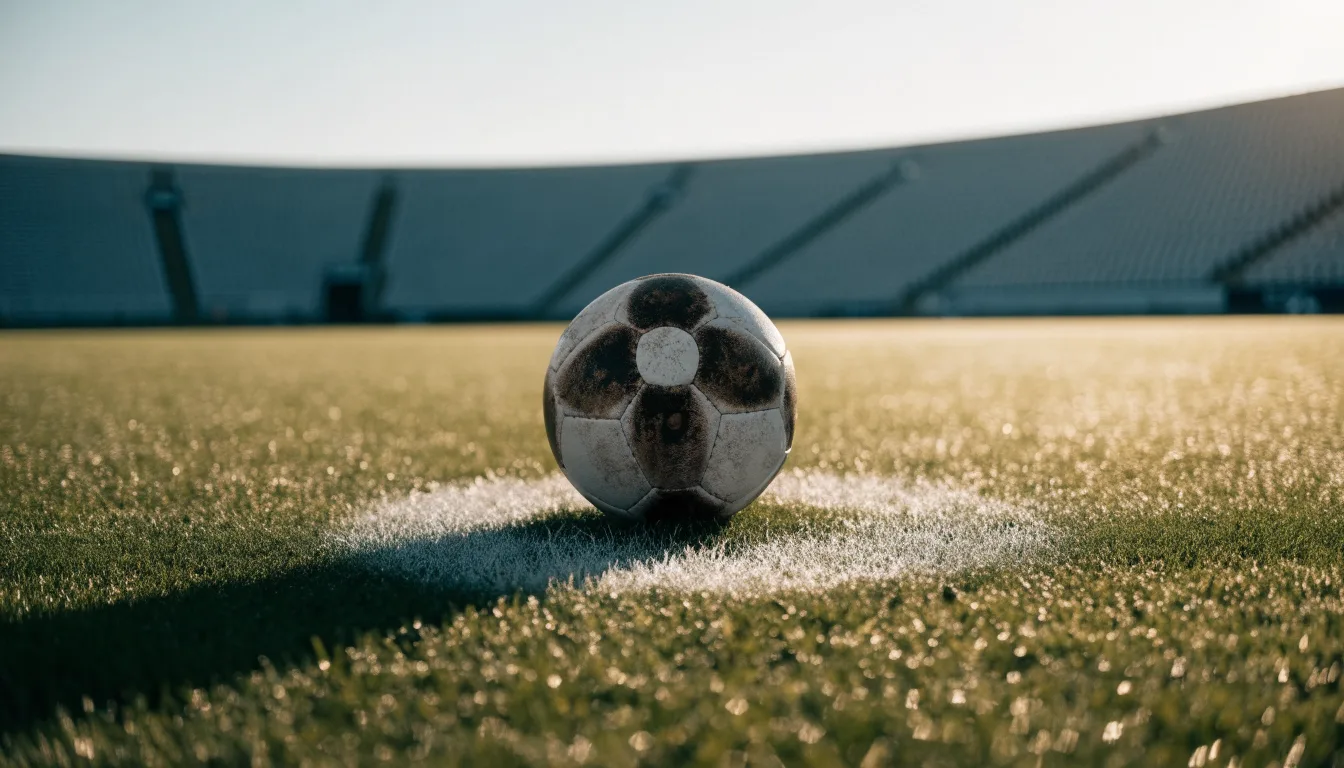 Ein Fußball liegt auf dem Anstoßpunkt eines leeren Rasenplatzes im frühen Morgenlicht, dahinter eine leere Tribüne.