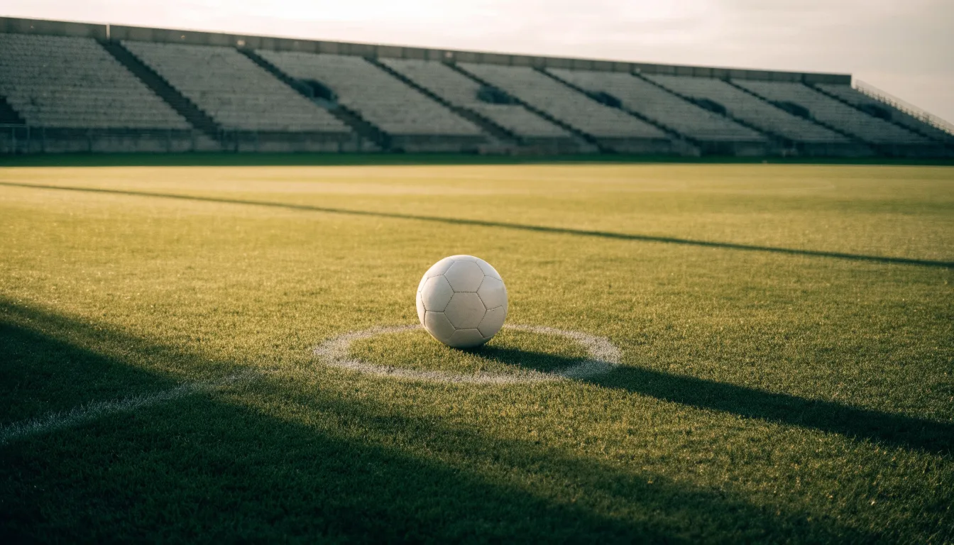 Ein Fußball liegt auf dem Anstoßpunkt eines leeren Rasenplatzes im frühen Morgenlicht, dahinter eine leere Tribüne.