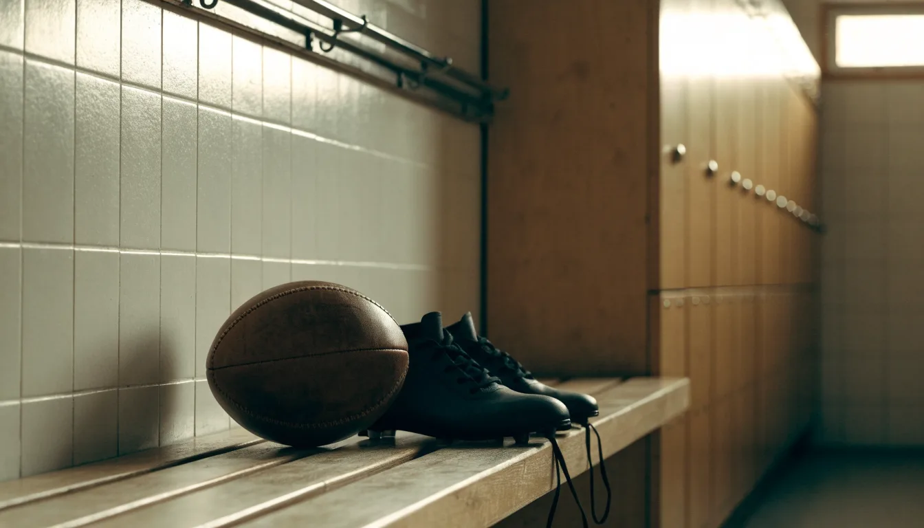 Ein Fußball liegt auf einer Holzbank in einer leeren Umkleide neben einem Paar Fußballschuhen ohne Markenzeichen.