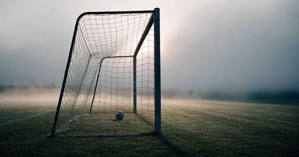 Ein Fußballtor mit Netz steht auf einem leeren Platz im Nebel der Morgendämmerung, der Rasen ist taufeucht.