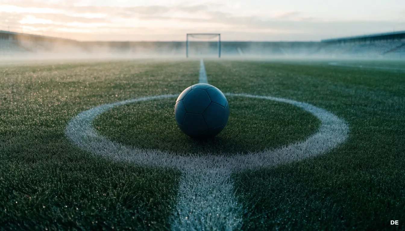 Ein Fußball ruht auf dem Mittelkreis eines leeren Rasenplatzes in der Morgendämmerung, Tau liegt auf dem Gras.