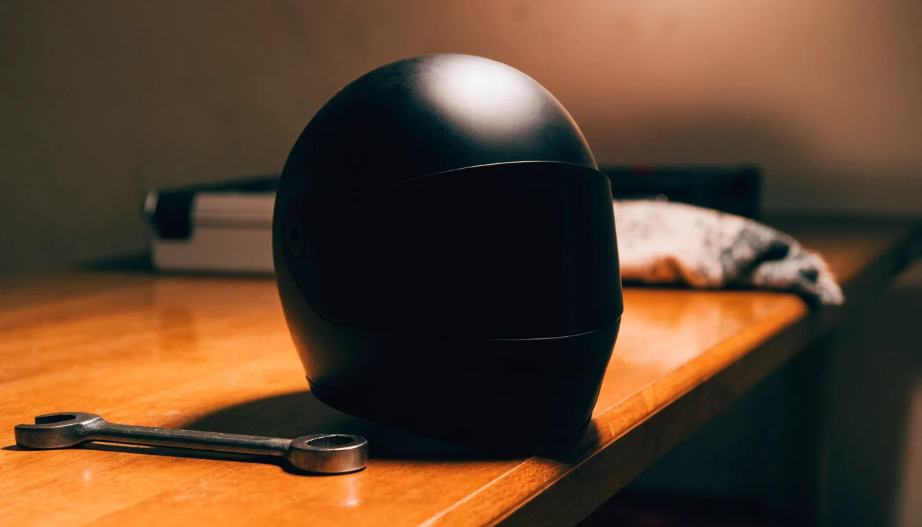 Ein schwarzer Motorradhelm ohne Aufdruck liegt auf einer Werkbank neben einem Schraubenschlüssel, warmes Licht einer Werkstatt.