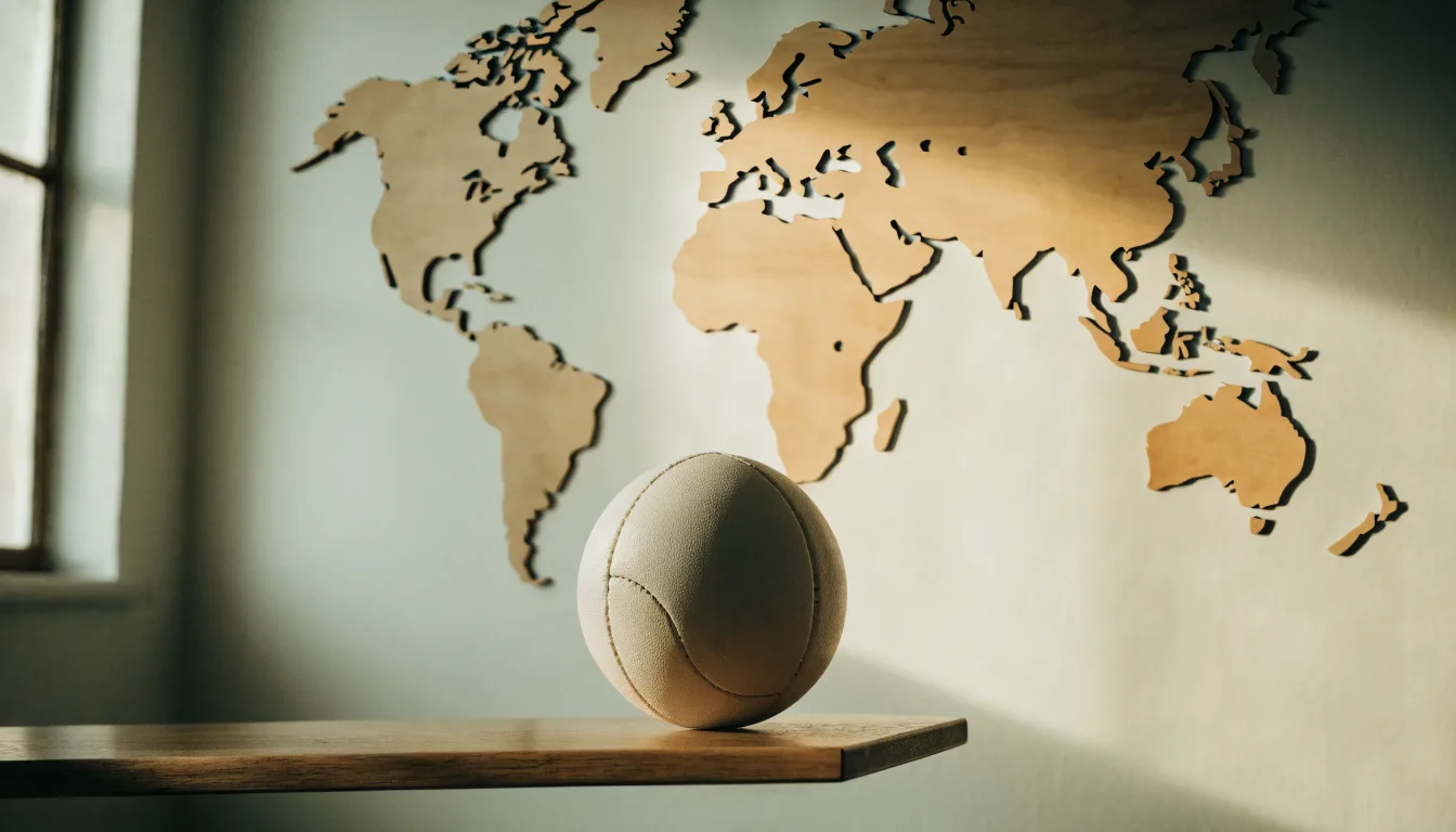 Eine Weltkarte aus Holz hängt an einer Wand, davor liegt ein Fußball auf einem Regal, ohne erkennbare Beschriftung.