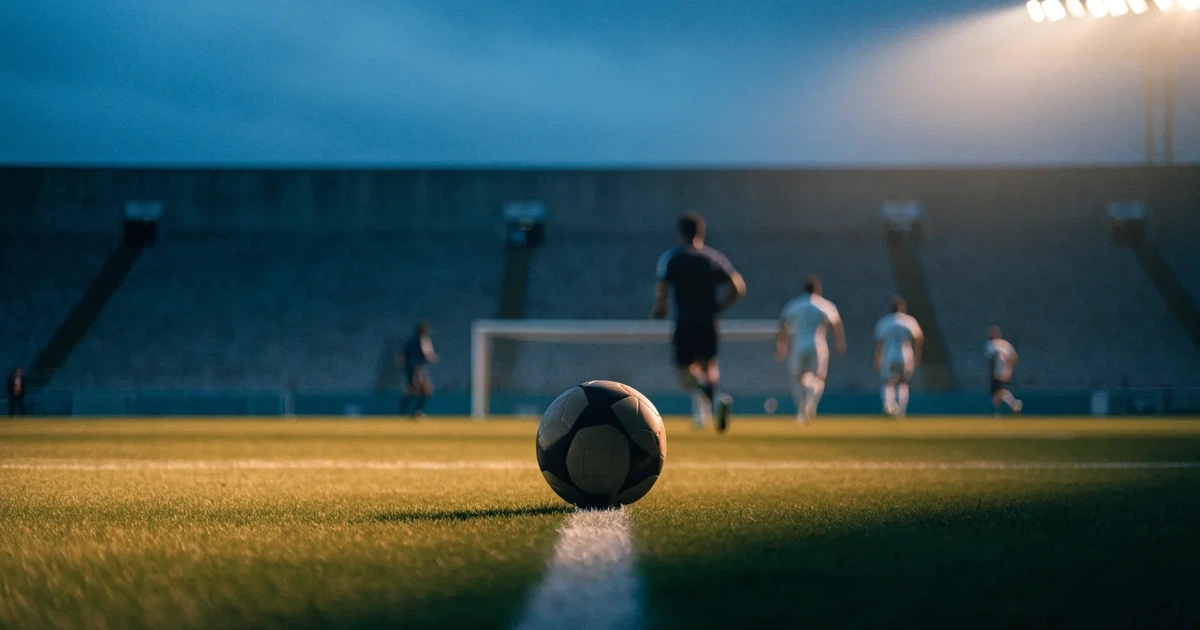 Ein Fußballplatz mit frisch gemähtem Rasen im Abendlicht, ein Ball liegt im Strafraum, im Hintergrund unscharf eine leere Tribüne.