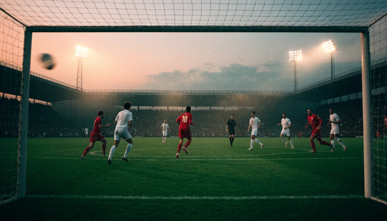 Ein großes Stadion unter Flutlicht, aus der Ferne über eine dunkle Wiese gesehen, die Lichtmasten spiegeln sich im Dunst der Abenddämmerung.