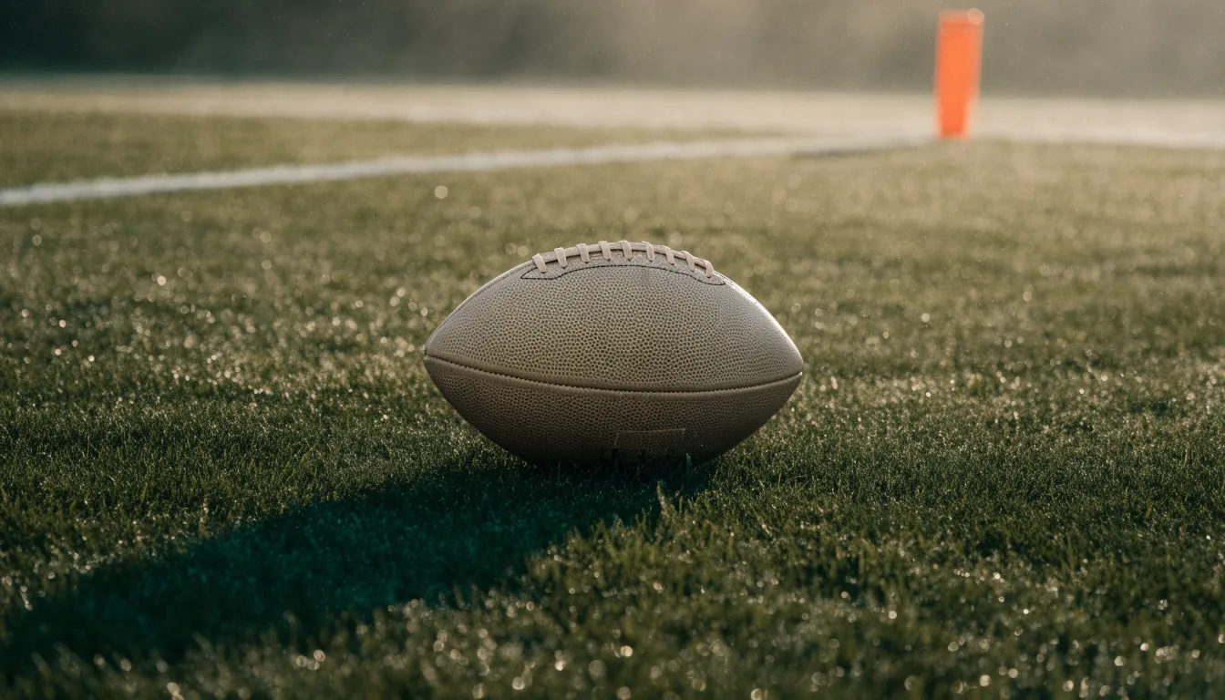 Ein ovaler Lederball mit heller Schnürung liegt auf dem Rasen vor der Endzone, Tau auf dem Gras im ersten Morgenlicht.