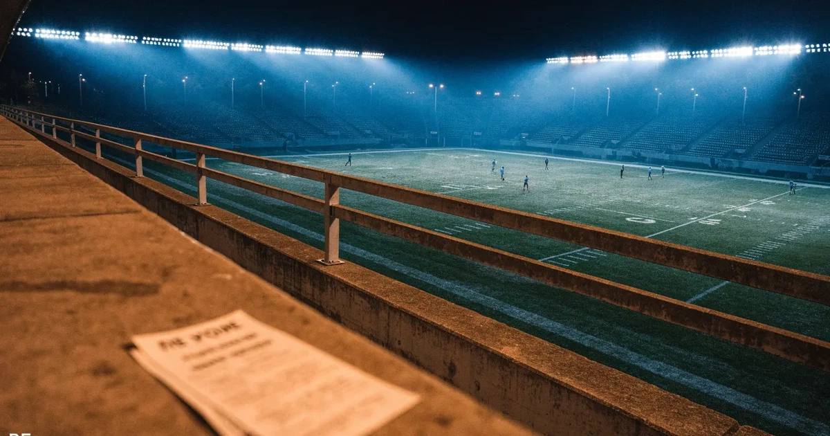 Ein American-Football-Feld mit weißen Yardlinien im Flutlicht, von einer hohen Tribüne aus gesehen, die Ränge leer, Zahlen nicht erkennbar.